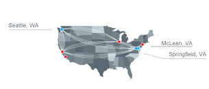US map highlighting Seattle, WA, McLean and Springfield, VA
